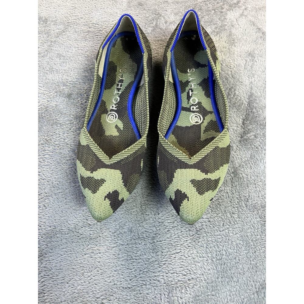 Rothy's Women's Pointed Camo Knit Flats in Olive Green with Blue Trim